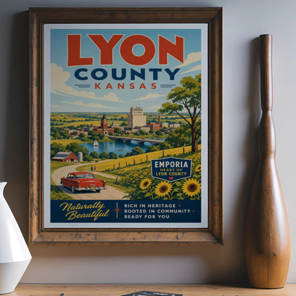 Vintage poster for Lyon County, Kansas, featuring Emporia and a scenic countryside.