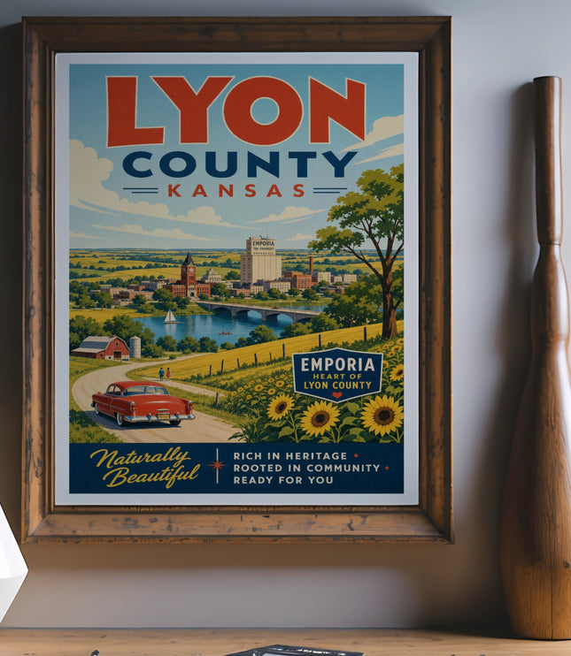 Vintage poster for Lyon County, Kansas, featuring Emporia and a scenic countryside.