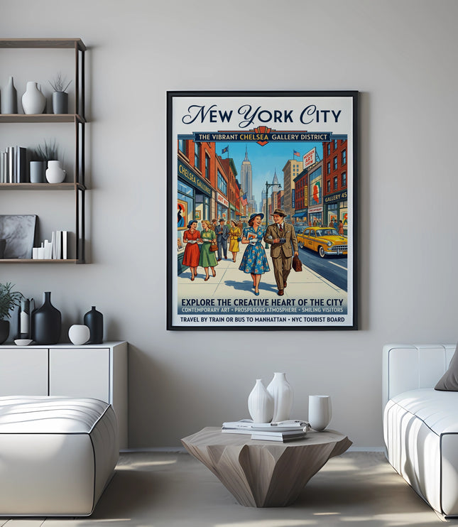 New York City poster depicting Chelsea galleries with Empire State Building and visitors.