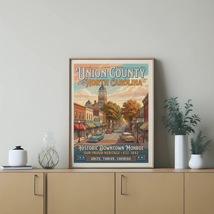 Union County North Carolina poster featuring historic downtown Monroe with buildings and cars.