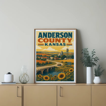 Anderson County, Kansas poster with sunflowers and a bridge.