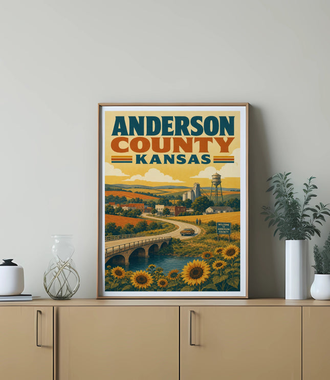 Anderson County, Kansas poster with sunflowers and a bridge.