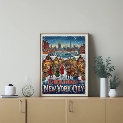 Christmas in New York City market scene poster with festive lights and people.
