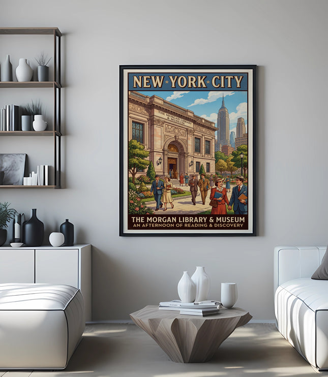New York City poster, The Morgan Library & Museum, building, people, Empire State Building