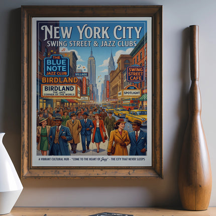 Vintage New York City swing jazz club poster with street scene and prominent text.