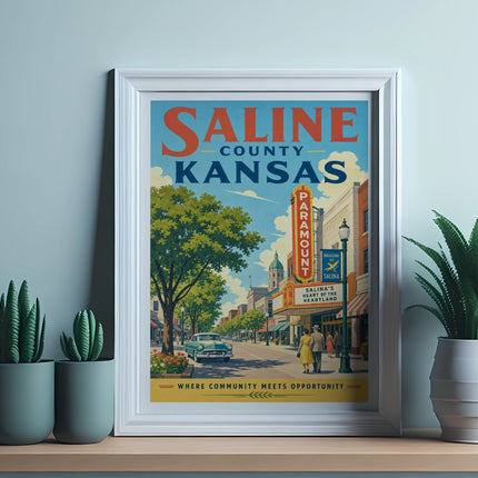 Saline County, Kansas poster featuring a vintage street scene and Paramount Theater.