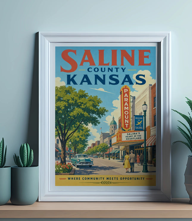 Saline County, Kansas poster featuring a vintage street scene and Paramount Theater.