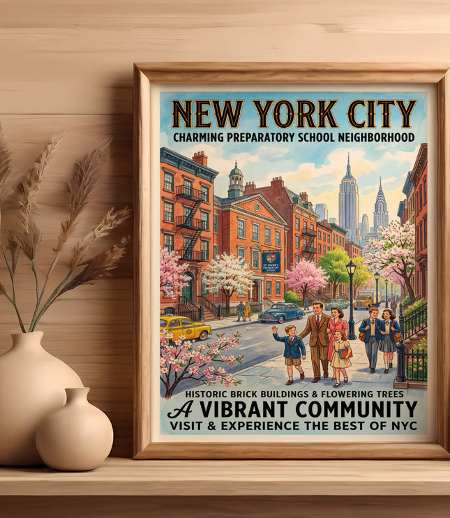 New York City neighborhood poster with family, taxi, school, and skyline.