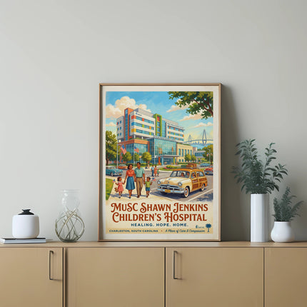 Poster of MUSC Shawn Jenkins Children's Hospital featuring a family and vintage car.