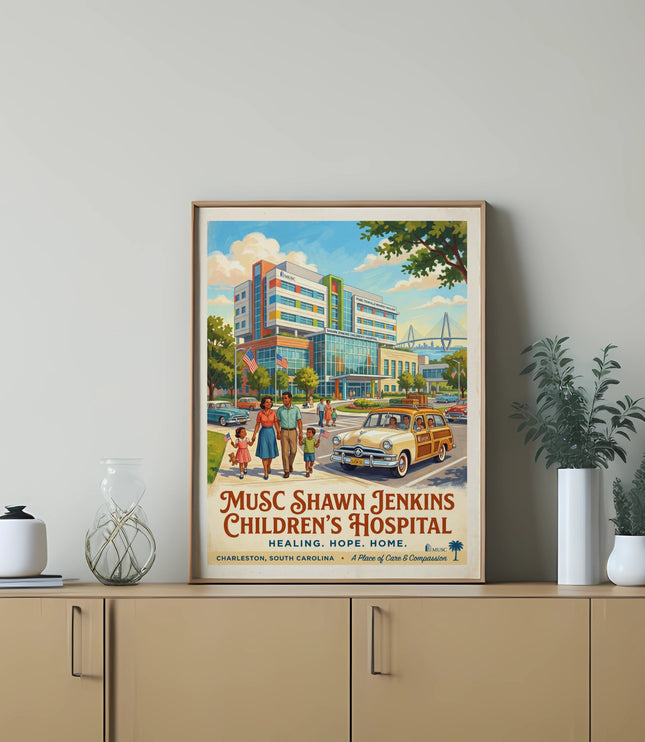 Poster of MUSC Shawn Jenkins Children's Hospital featuring a family and vintage car.