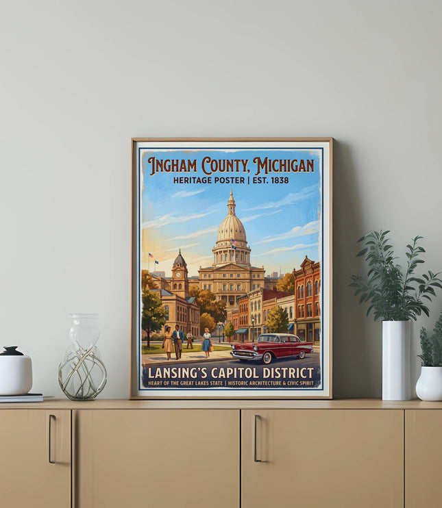 Ingham County, Michigan Heritage Poster featuring Lansing's Capitol District.