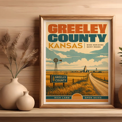 Vintage poster of Greeley County, Kansas with windmill and open road.
