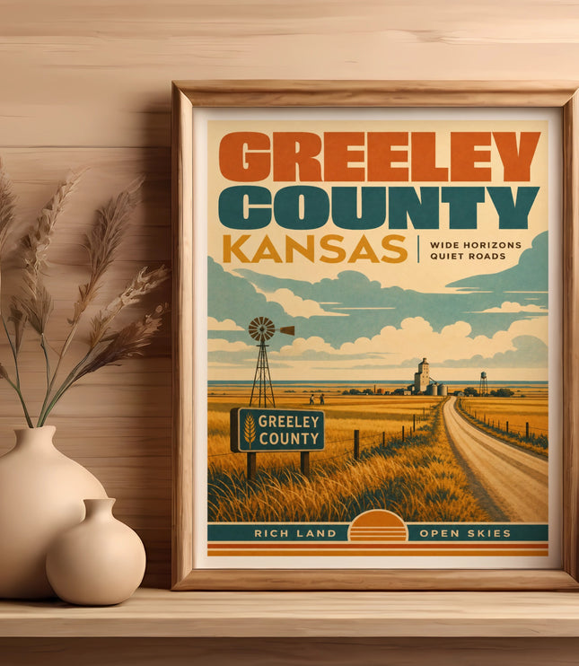 Vintage poster of Greeley County, Kansas with windmill and open road.
