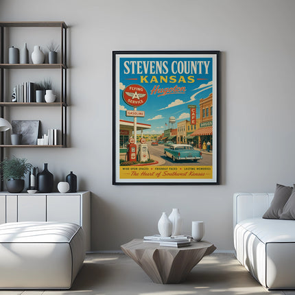 Vintage Stevens County, Kansas, Hugoton travel poster with gas station and cars.