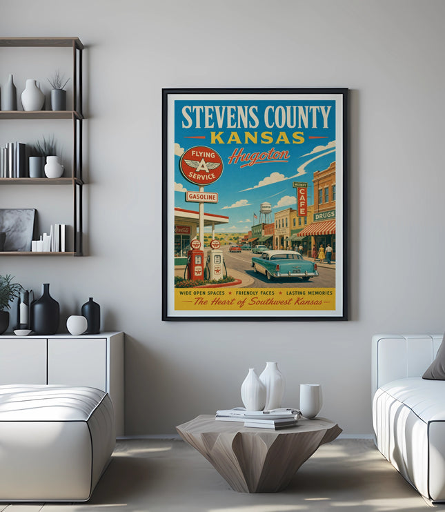 Vintage Stevens County, Kansas, Hugoton travel poster with gas station and cars.