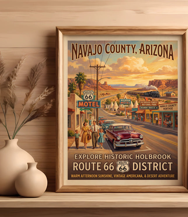 Navajo County, Arizona Route 66 poster with Holbrook attractions and sunset desert landscape.