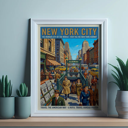 New York City WPA poster featuring subway scene and vintage text.