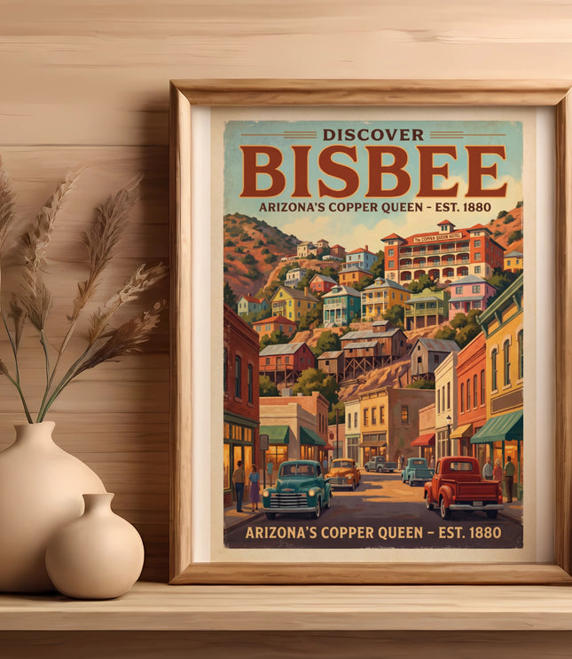 Framed poster of Bisbee, Arizona, showing colorful buildings on a hillside.