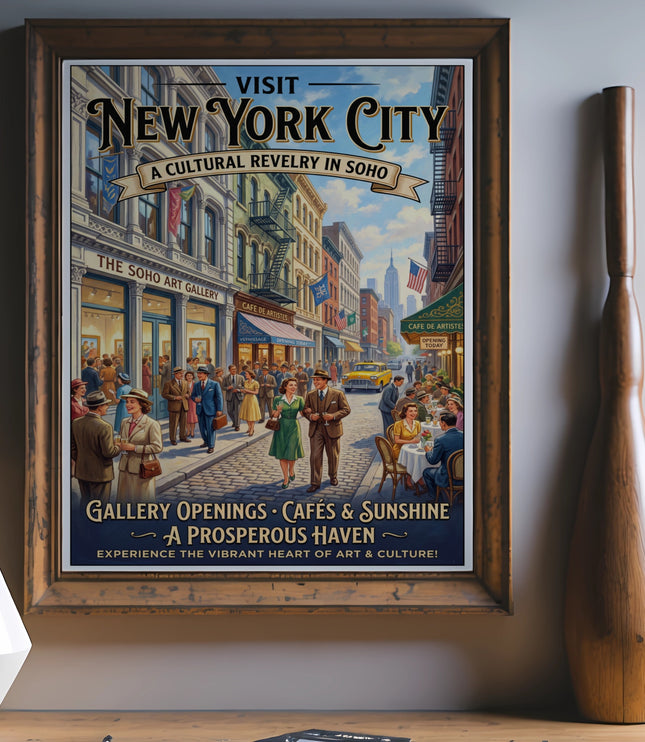 Vintage New York City SoHo art gallery poster with people and cafes.
