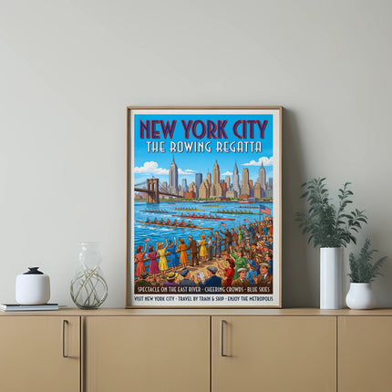 New York City: The Rowing Regatta vintage poster with city skyline and rowing boats.