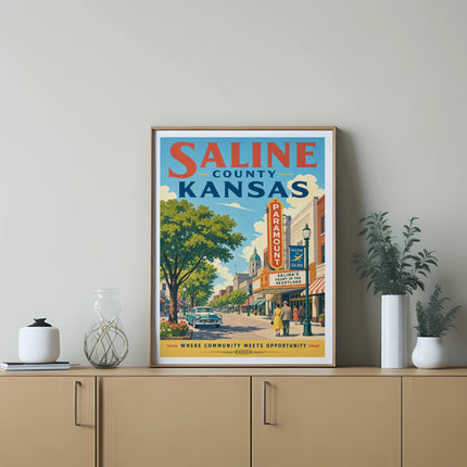 Saline County Kansas art print featuring a vintage street scene and Paramount theater.