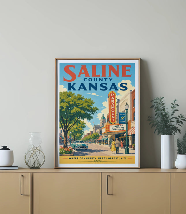 Saline County Kansas art print featuring a vintage street scene and Paramount theater.