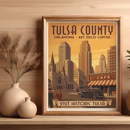 Tulsa County, Oklahoma Art Deco Capital poster with skyline and vintage car, "Visit Historic Tulsa" text.