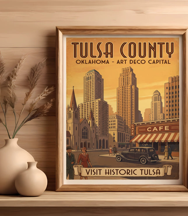 Tulsa County, Oklahoma Art Deco Capital poster with skyline and vintage car, "Visit Historic Tulsa" text.