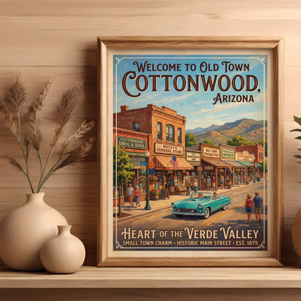 Vintage poster of Cottonwood, Arizona main street with shops and a turquoise convertible.