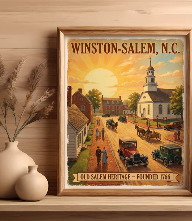 Winston-Salem, N.C. Old Salem Heritage - Founded 1766 vintage art.