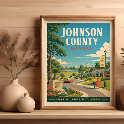 Vintage Johnson County, Kansas travel poster featuring a couple walking on a street.