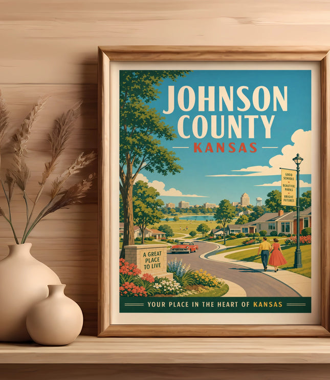 Vintage Johnson County, Kansas travel poster featuring a couple walking on a street.