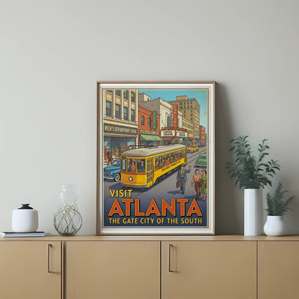 Vintage Atlanta streetcar poster with "Visit Atlanta" and "The Gate City of the South".