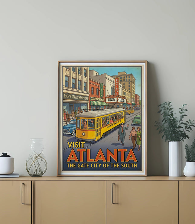 Vintage Atlanta streetcar poster with "Visit Atlanta" and "The Gate City of the South".