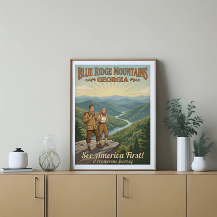 Vintage travel poster for Blue Ridge Mountains, Georgia, with couple overlooking a valley.
