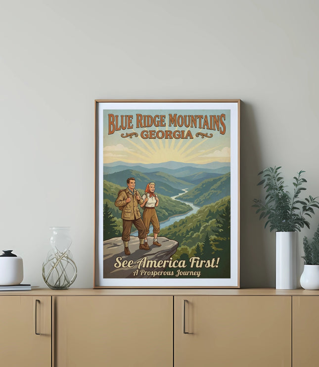 Vintage travel poster for Blue Ridge Mountains, Georgia, with couple overlooking a valley.