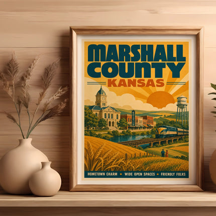 Vintage travel poster for Marshall County, Kansas, featuring a town, wheat fields, and train.