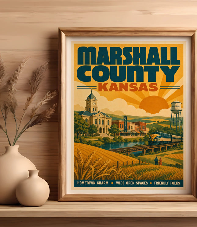 Vintage travel poster for Marshall County, Kansas, featuring a town, wheat fields, and train.