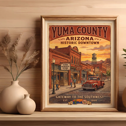 Framed Yuma County, Arizona historic downtown poster with vintage truck and buildings.