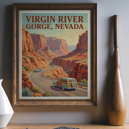 Vintage poster for Virgin River Gorge, Nevada, featuring canyon scenery and classic cars.