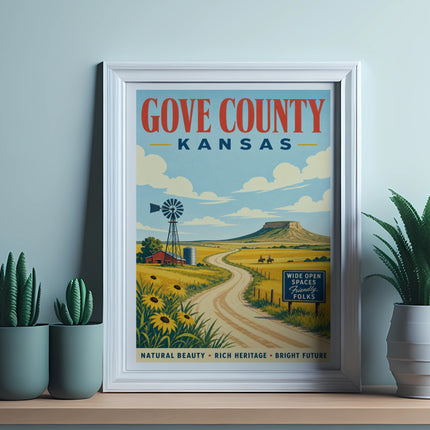 Gove County, Kansas travel poster with windmill, sunflowers, and mountains.