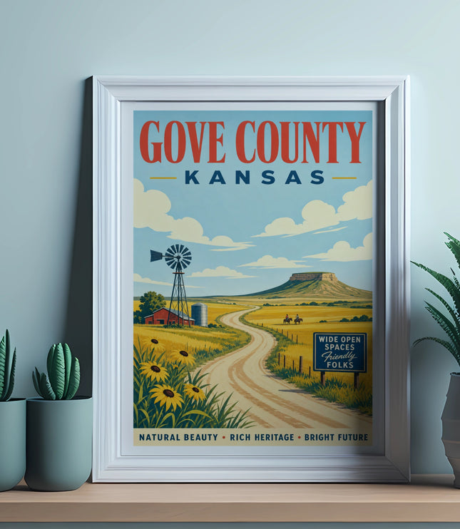 Gove County, Kansas travel poster with windmill, sunflowers, and mountains.