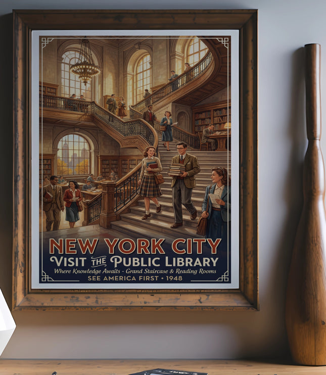 New York City Public Library vintage poster featuring a grand staircase and people.