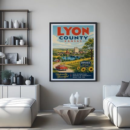 Poster with "Lyon County, Kansas" and "Emporia" text, featuring a red car and landscape.