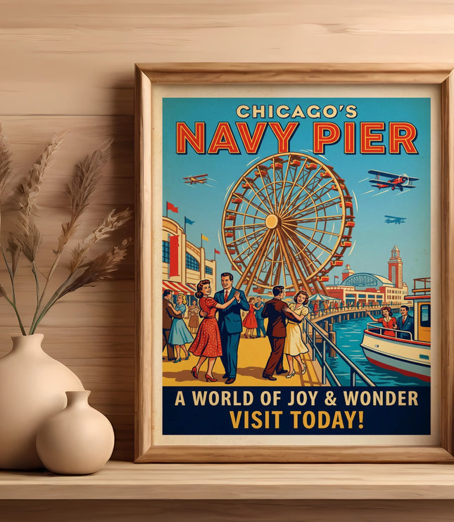 Chicago's Navy Pier poster with couples dancing and a Ferris wheel.