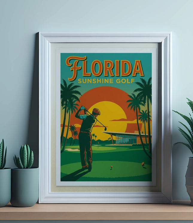 Framed Florida Sunshine Golf poster with golfer teeing off at sunset.