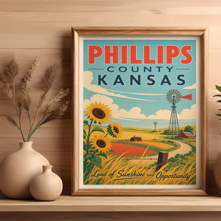 Vintage "Phillips County, Kansas" landscape poster with sunflowers and windmill.