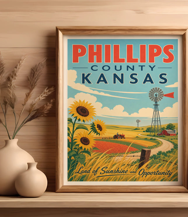 Vintage "Phillips County, Kansas" landscape poster with sunflowers and windmill.