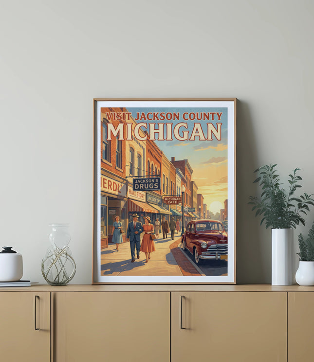 Vintage travel poster featuring Jackson County, Michigan sunset scene with people and car.