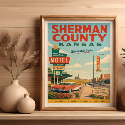 Sherman County Kansas vintage travel poster featuring a motel and car.